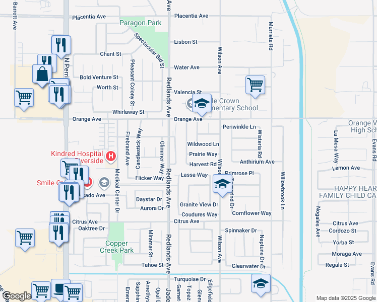map of restaurants, bars, coffee shops, grocery stores, and more near 480 Prairie Way in Perris
