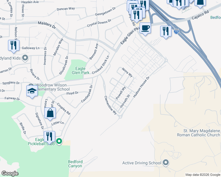 map of restaurants, bars, coffee shops, grocery stores, and more near 4161 Eagle Glen Parkway in Corona