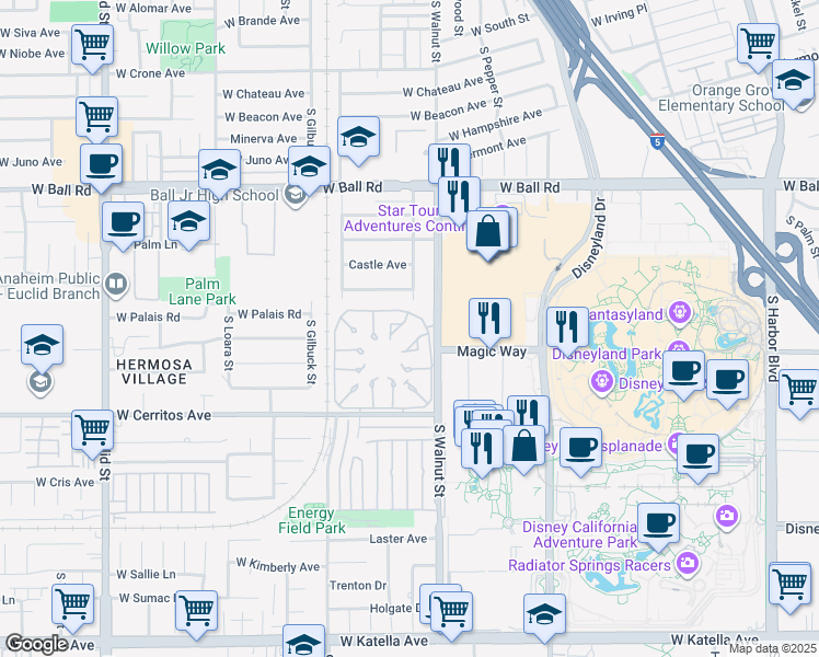 map of restaurants, bars, coffee shops, grocery stores, and more near 1381 South Walnut Street in Anaheim