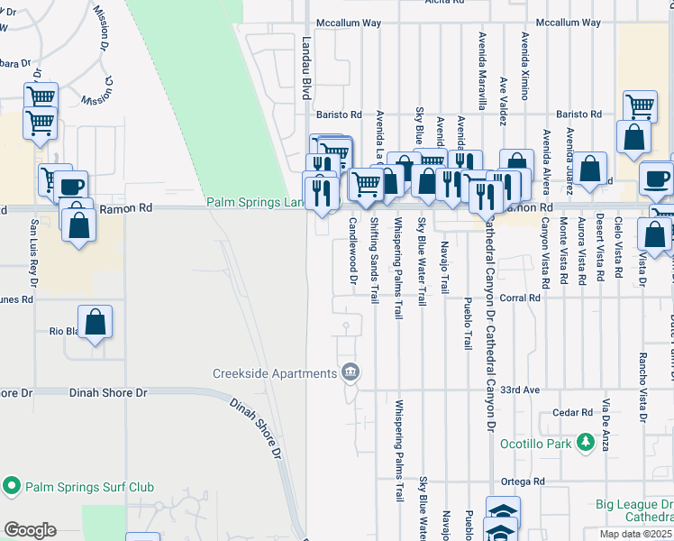 map of restaurants, bars, coffee shops, grocery stores, and more near 24 Mission Indian Trail in Cathedral City