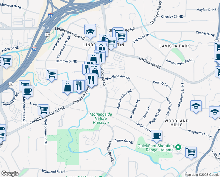 map of restaurants, bars, coffee shops, grocery stores, and more near 1156 Hampton Way Northeast in Atlanta