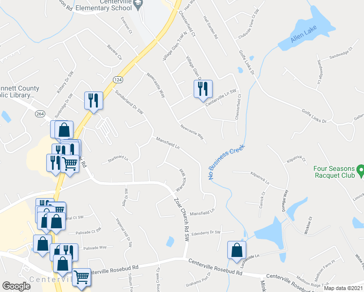 map of restaurants, bars, coffee shops, grocery stores, and more near 3378 Mansfield Lane in Snellville
