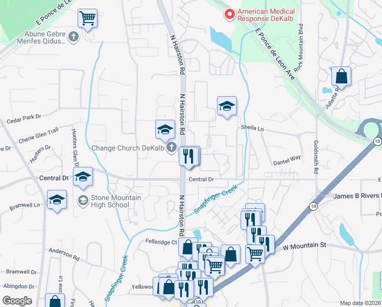 map of restaurants, bars, coffee shops, grocery stores, and more near 1173 North Hairston Road in Stone Mountain