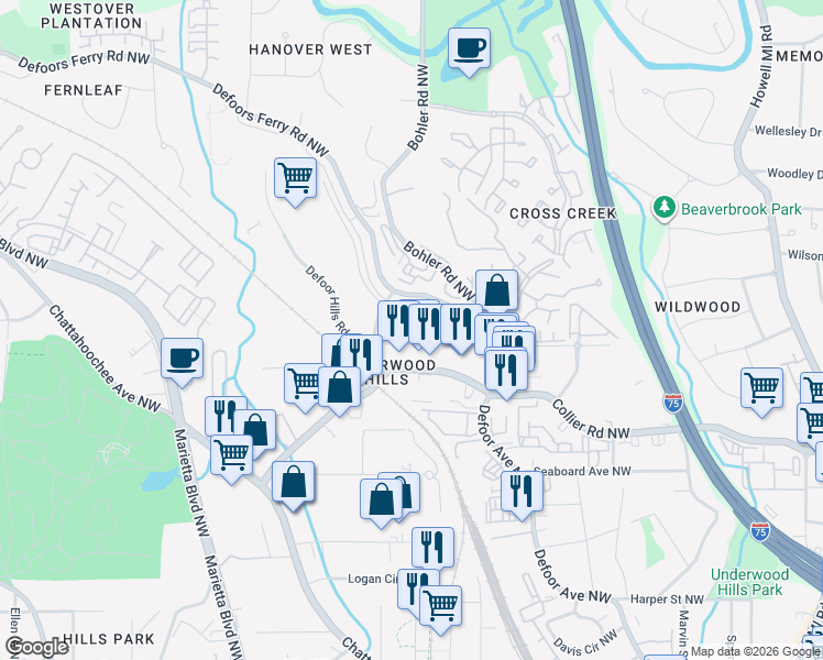 map of restaurants, bars, coffee shops, grocery stores, and more near 1802 Defoors Mill Court North West in Atlanta