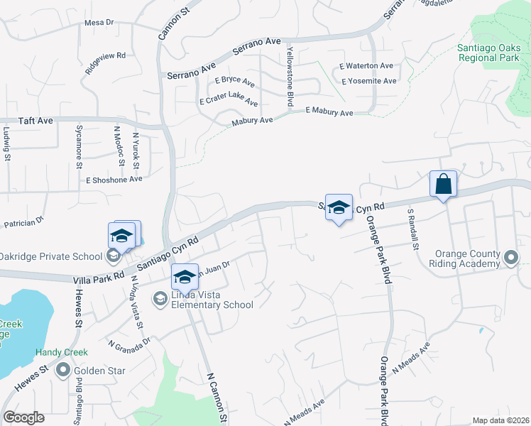 map of restaurants, bars, coffee shops, grocery stores, and more near 5941 East Valley Forge Drive in Orange