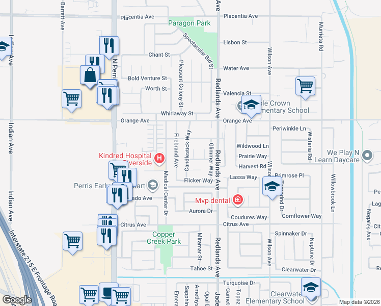 map of restaurants, bars, coffee shops, grocery stores, and more near 2226 Flash Court in Perris
