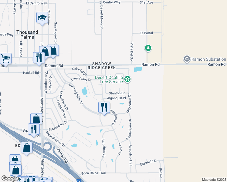 map of restaurants, bars, coffee shops, grocery stores, and more near 73645 Stanton Drive in Thousand Palms