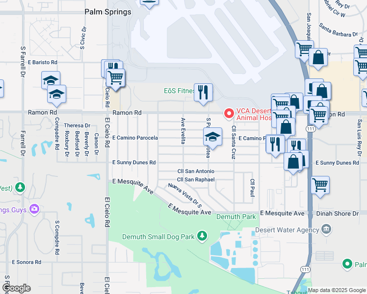 map of restaurants, bars, coffee shops, grocery stores, and more near 3930 East Camino San Miguel in Palm Springs