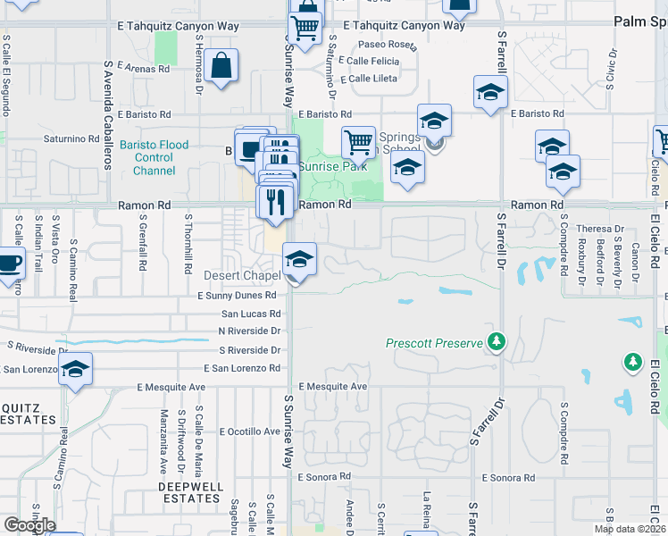 map of restaurants, bars, coffee shops, grocery stores, and more near 2001 East Cam Parocela in Palm Springs
