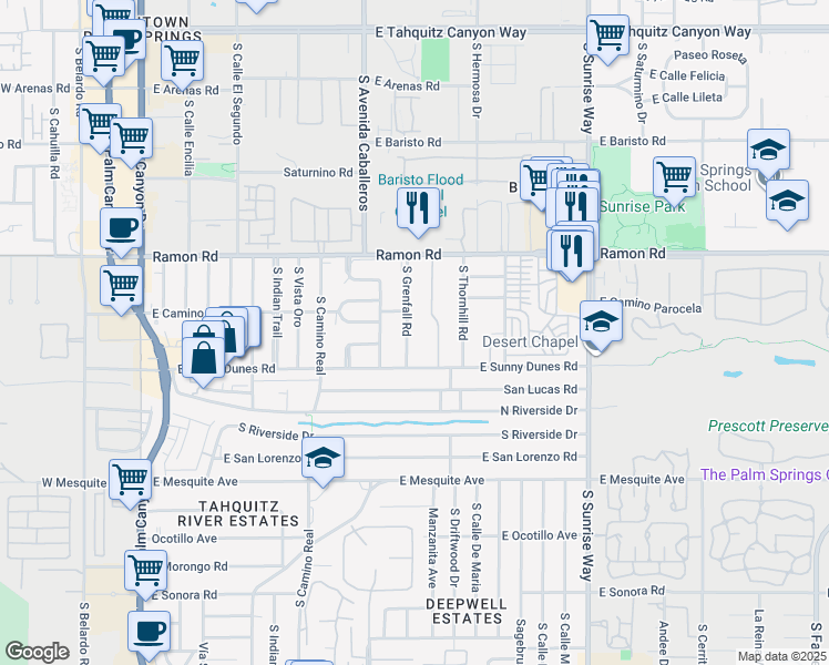 map of restaurants, bars, coffee shops, grocery stores, and more near 650 South Grenfall Road in Palm Springs