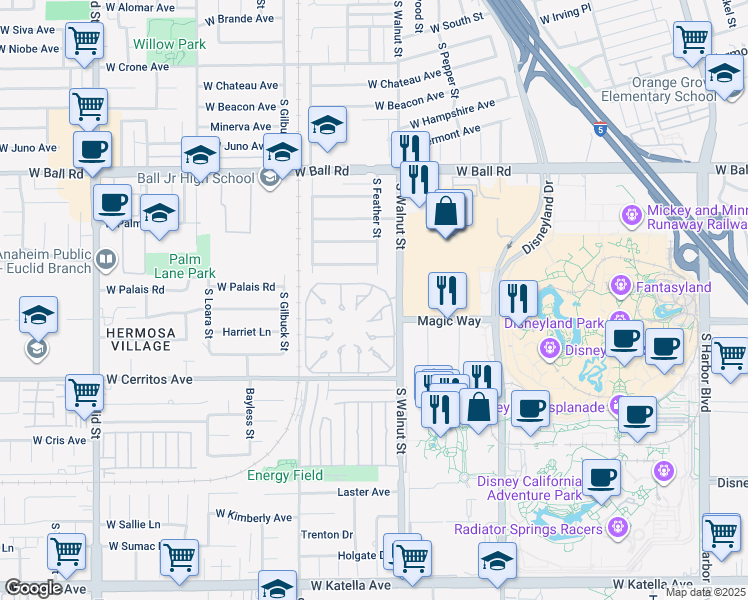 map of restaurants, bars, coffee shops, grocery stores, and more near 1381 South Walnut Street in Anaheim
