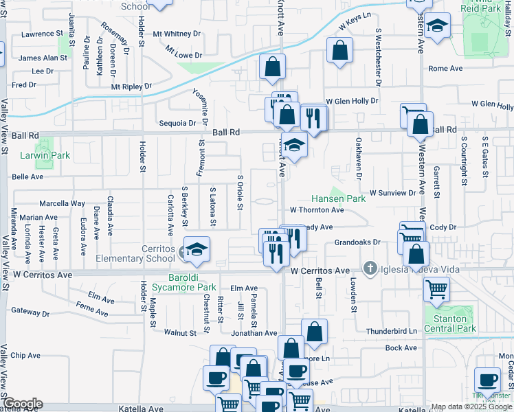 map of restaurants, bars, coffee shops, grocery stores, and more near 3539 West Greentree Circle in Anaheim