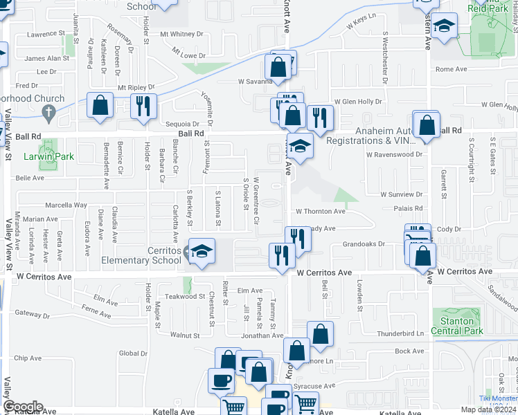 map of restaurants, bars, coffee shops, grocery stores, and more near 3539 West Greentree Circle in Anaheim