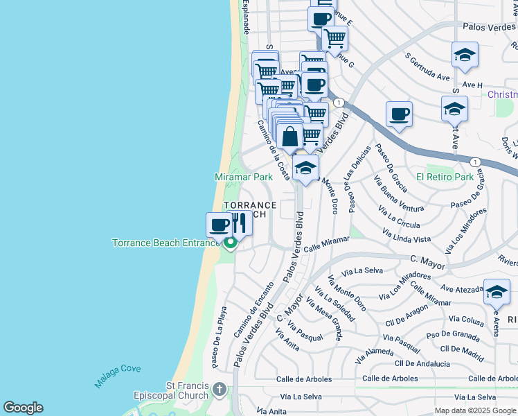 map of restaurants, bars, coffee shops, grocery stores, and more near 142 Paseo De La Concha in Redondo Beach