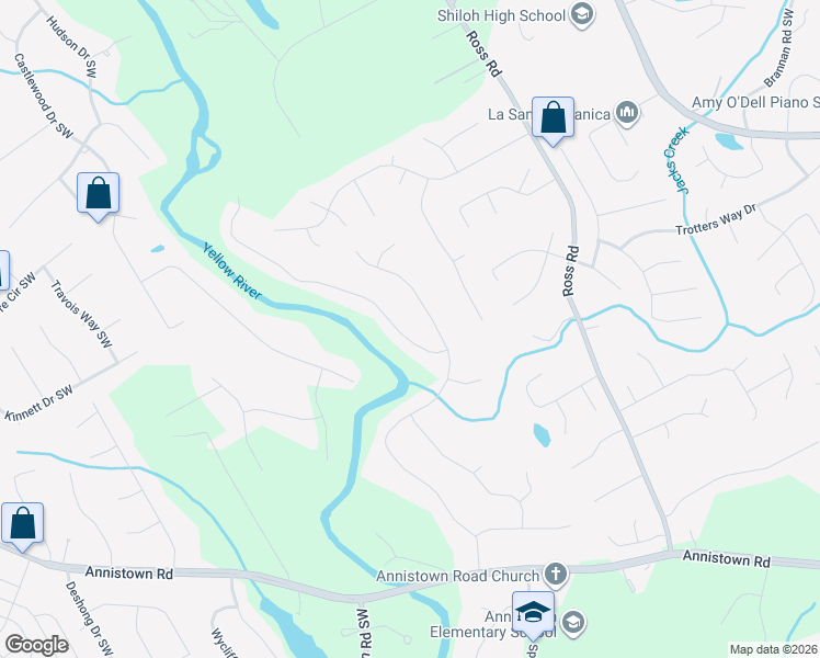 map of restaurants, bars, coffee shops, grocery stores, and more near 2860 Riverfront Drive in Snellville