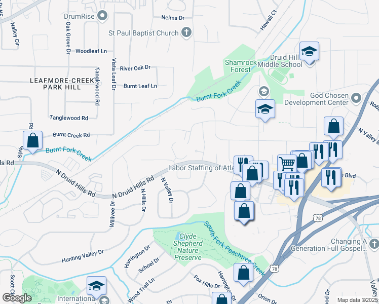 map of restaurants, bars, coffee shops, grocery stores, and more near 1129 Gavinwood Place in Decatur