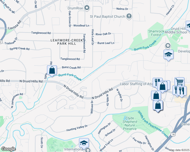 map of restaurants, bars, coffee shops, grocery stores, and more near 1338 Willivee Drive in Decatur