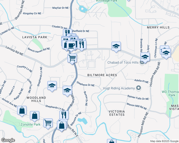 map of restaurants, bars, coffee shops, grocery stores, and more near 1416 Lively Ridge Road Northeast in Atlanta