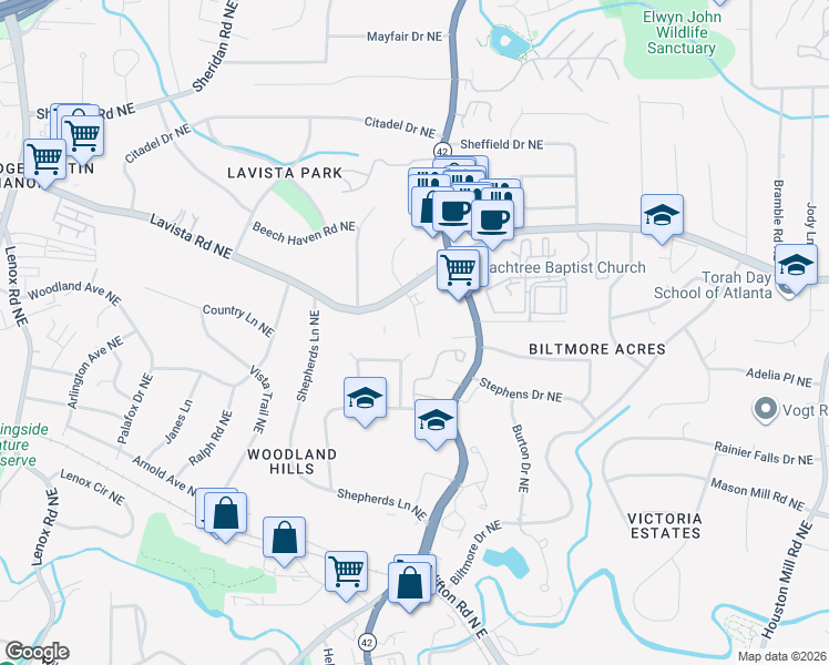 map of restaurants, bars, coffee shops, grocery stores, and more near 1230 Franklin Circle Northeast in Atlanta