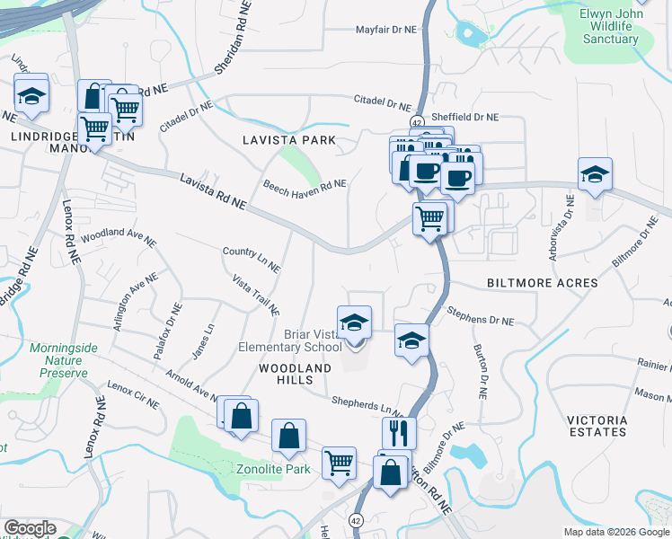 map of restaurants, bars, coffee shops, grocery stores, and more near 1156 Franklin Circle Northeast in Atlanta