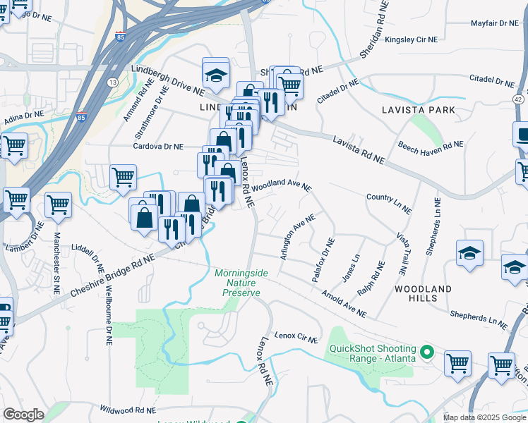 map of restaurants, bars, coffee shops, grocery stores, and more near 1156 Hampton Way Northeast in Atlanta