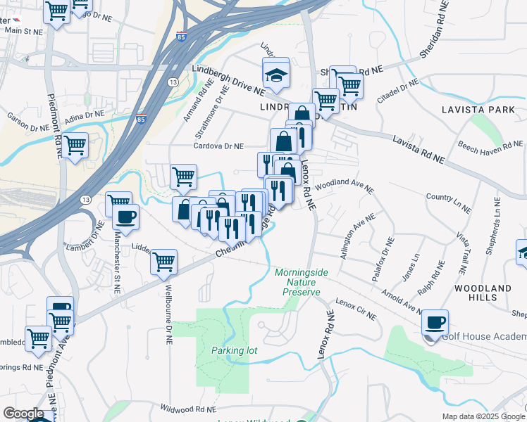 map of restaurants, bars, coffee shops, grocery stores, and more near 2124 Cheshire Bridge Road Northeast in Atlanta