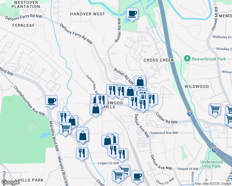 map of restaurants, bars, coffee shops, grocery stores, and more near 1802 Defoors Mill Court North West in Atlanta