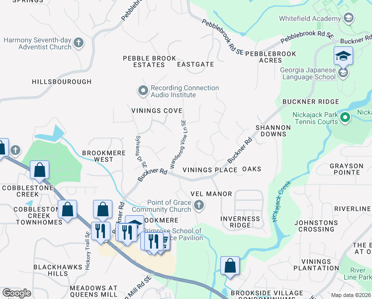 map of restaurants, bars, coffee shops, grocery stores, and more near 5651 Wandering Vine Lane Southeast in Mableton