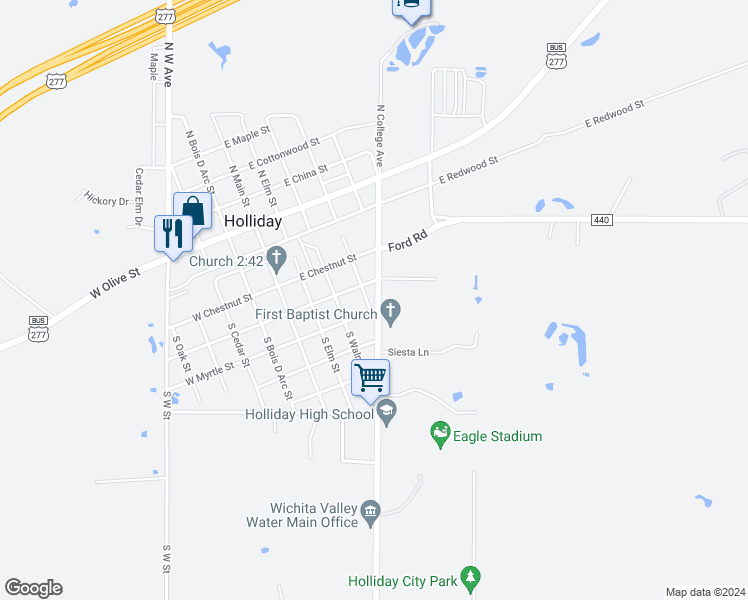 map of restaurants, bars, coffee shops, grocery stores, and more near S College Ave in Holliday