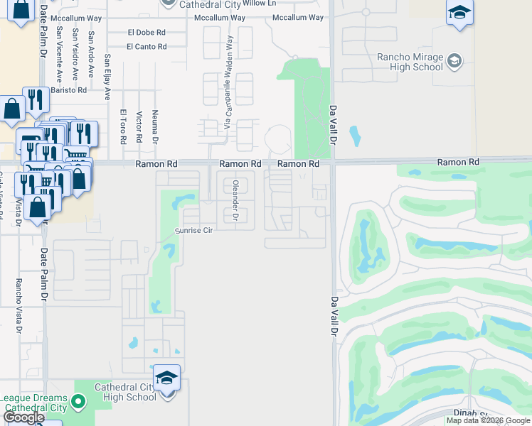 map of restaurants, bars, coffee shops, grocery stores, and more near 69801 Ramon Road in Cathedral City
