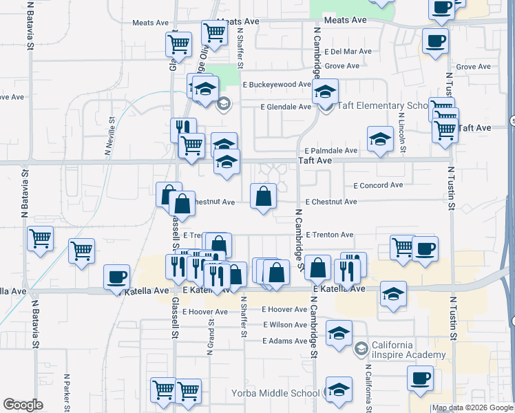 map of restaurants, bars, coffee shops, grocery stores, and more near 1550 North Cambridge Street in Orange