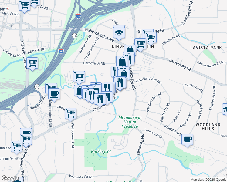 map of restaurants, bars, coffee shops, grocery stores, and more near 2124 Cheshire Bridge Road Northeast in Atlanta