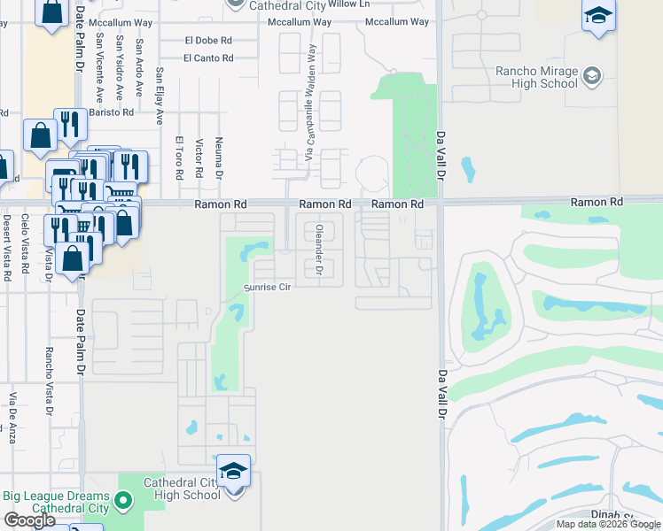 map of restaurants, bars, coffee shops, grocery stores, and more near 69411 Ramon Road in Cathedral City