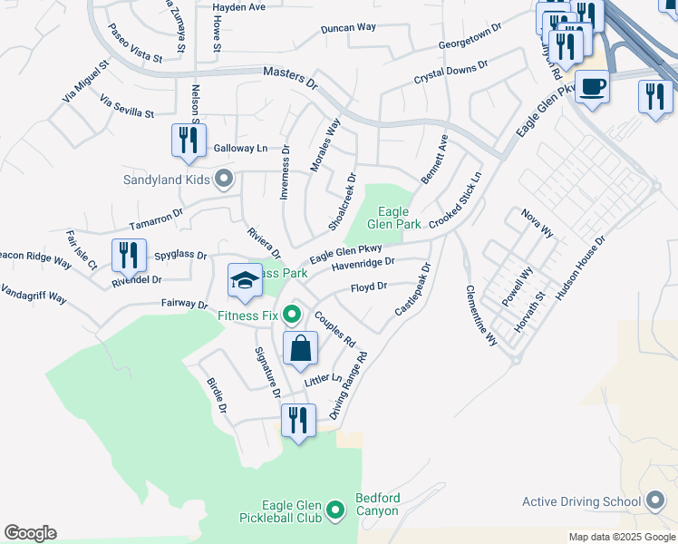 map of restaurants, bars, coffee shops, grocery stores, and more near 4262 Havenridge Drive in Corona