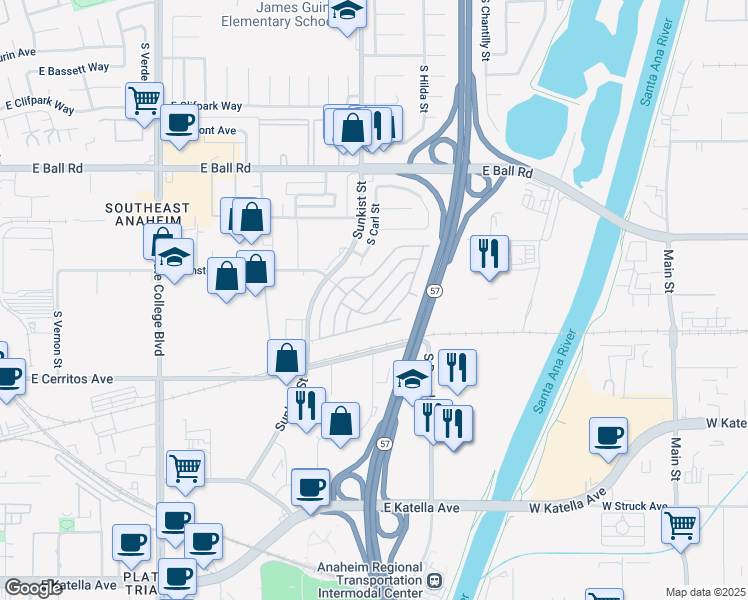 map of restaurants, bars, coffee shops, grocery stores, and more near 1400 South Sunkist Street in Anaheim