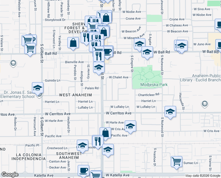 map of restaurants, bars, coffee shops, grocery stores, and more near 1349 South Amberwick Lane in Anaheim