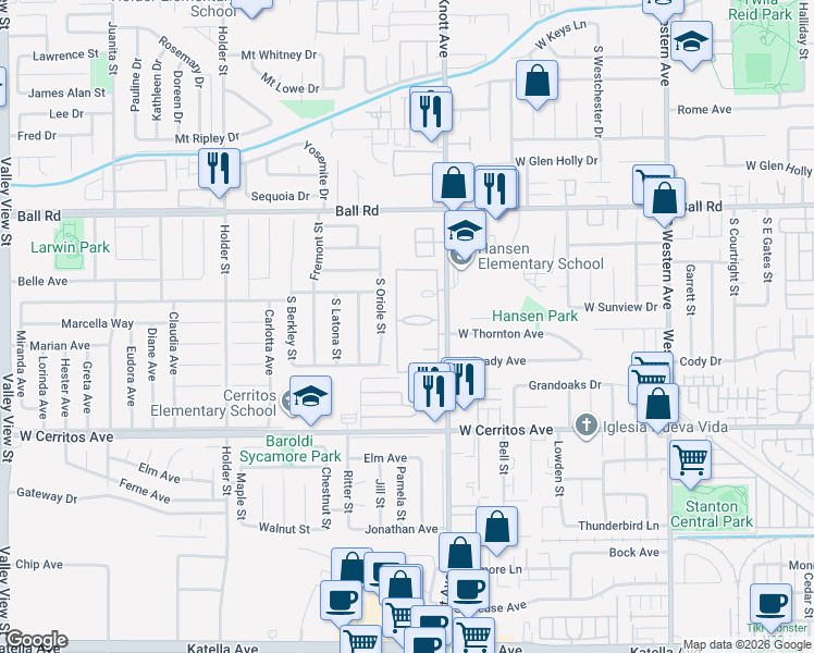map of restaurants, bars, coffee shops, grocery stores, and more near 3582 West Stonepine Lane in Anaheim