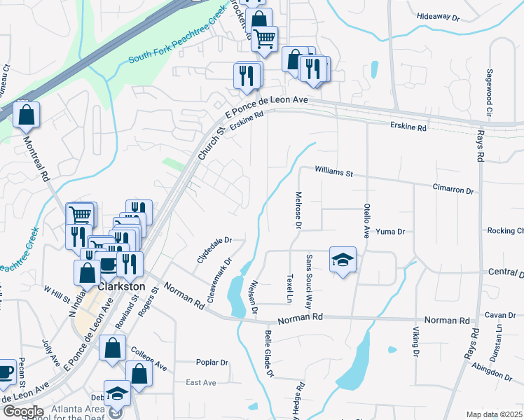map of restaurants, bars, coffee shops, grocery stores, and more near 1150 Reilly Lane in Clarkston