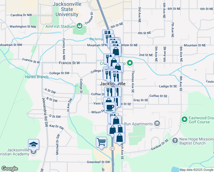 map of restaurants, bars, coffee shops, grocery stores, and more near Gayle Avenue Southwest in Jacksonville