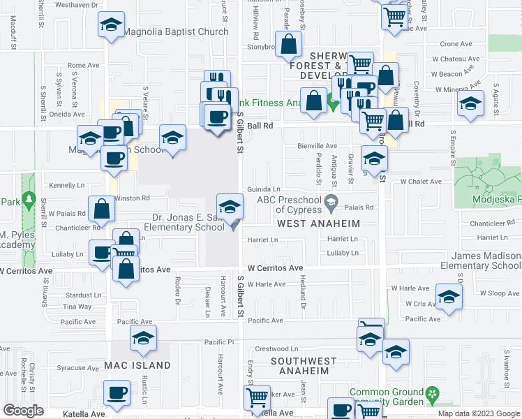 map of restaurants, bars, coffee shops, grocery stores, and more near 10282 Bouvais Road in Anaheim