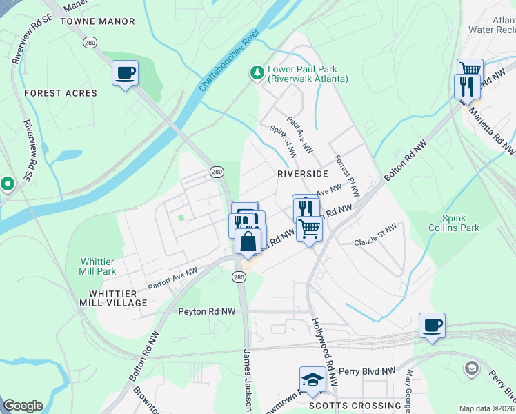 map of restaurants, bars, coffee shops, grocery stores, and more near 2686 Rosemary Street Northwest in Atlanta