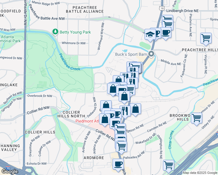 map of restaurants, bars, coffee shops, grocery stores, and more near 214 Colonial Homes Drive Northwest in Atlanta
