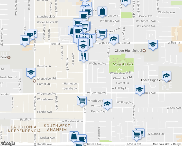 map of restaurants, bars, coffee shops, grocery stores, and more near 1349 South Amberwick Lane in Anaheim