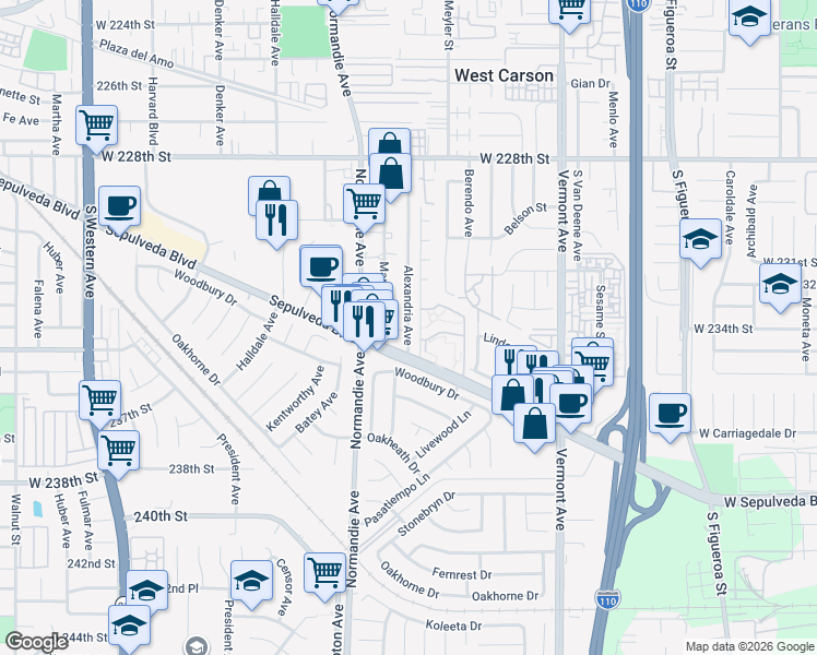 map of restaurants, bars, coffee shops, grocery stores, and more near 23033 Alexandria Avenue in Torrance