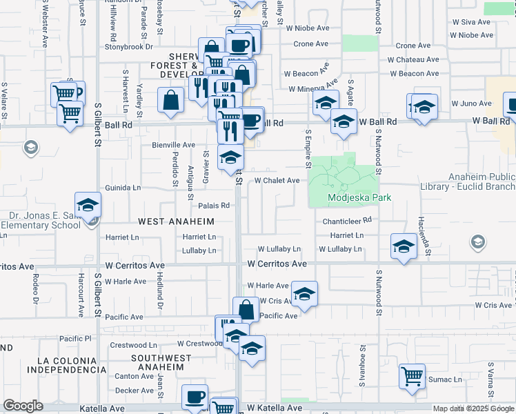 map of restaurants, bars, coffee shops, grocery stores, and more near 1349 South Amberwick Lane in Anaheim
