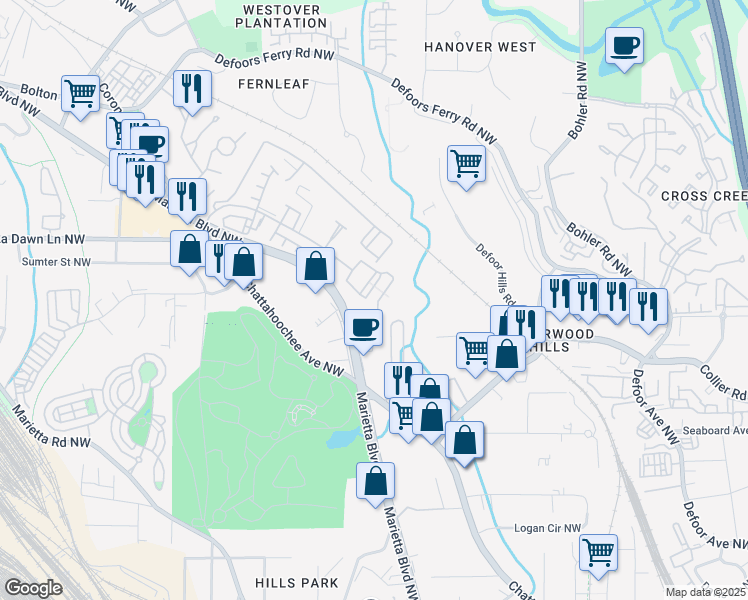 map of restaurants, bars, coffee shops, grocery stores, and more near 2048 Bolton Drive Northwest in Atlanta