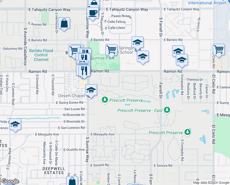 map of restaurants, bars, coffee shops, grocery stores, and more near 2001 East Camino Parocela in Palm Springs