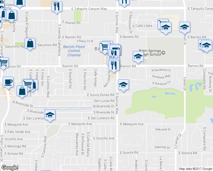 map of restaurants, bars, coffee shops, grocery stores, and more near 315 Tomahawk Street in Palm Springs