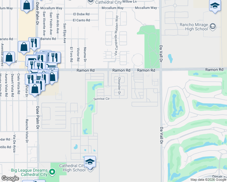 map of restaurants, bars, coffee shops, grocery stores, and more near Tennis Court Drive in Cathedral City