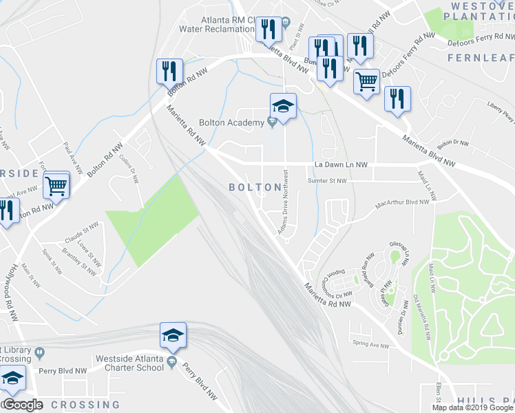 map of restaurants, bars, coffee shops, grocery stores, and more near 2122 Mauldin Street Northwest in Atlanta